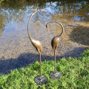 Contemporary 90cm & 76cm Verdigris Aluminium Crane Statues (Pair)