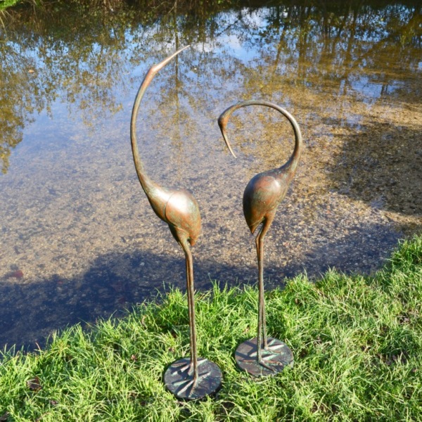 Contemporary 90cm & 76cm Verdigris Aluminium Crane Statues (Pair)