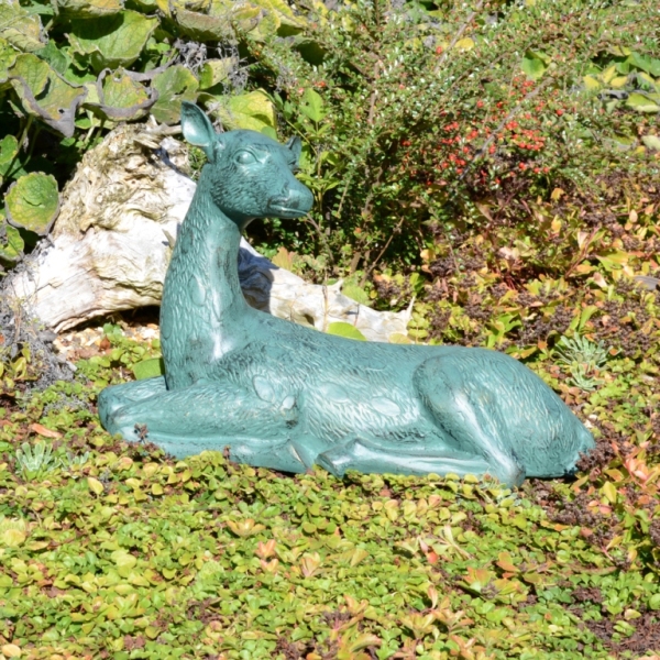 Lying Verdigris Aluminium Deer Statue - 36cm