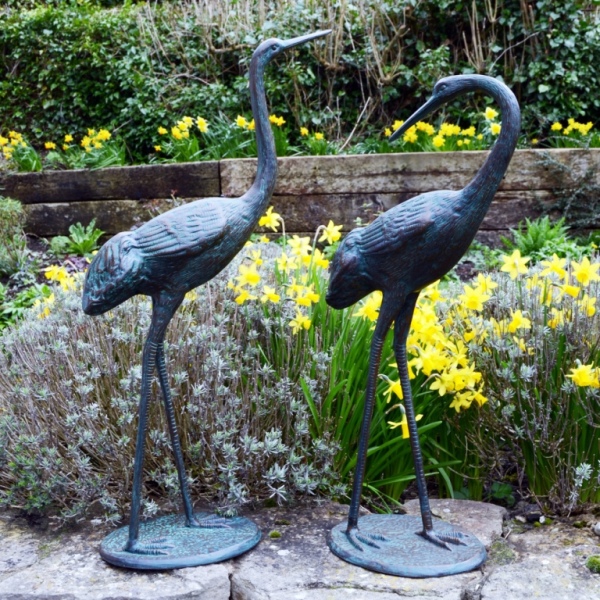 Crane 71cm & 63cm Verdigris Aluminium Statues (Pair)